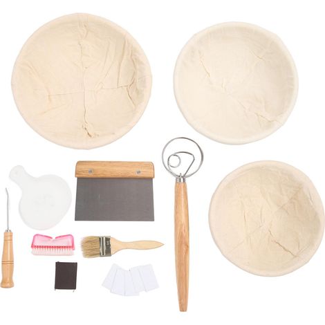 Panier à pain de fermentation 20 cm, 22,5 cm et 25 cm avec coupe-pain et couteau à découper, ensemble d'accessoires de boulangerie en rotin rond pour la maison. (1/5)