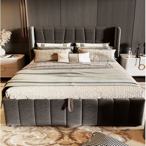 Cama canapé 180x200 cm con somier de láminas, cabecero y almacenamiento neumático gris (1/5)