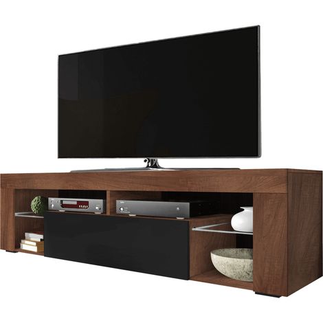 Selsey Bianko - Mueble TV - para la sala de estar - 140 cm de ancho - Aida Nogal Tabaco Mate / Negro Brillo - Moderno