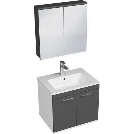 RUBITE Meuble salle de bain simple vasque 2 portes gris anthracite largeur 60 cm + miroir armoire