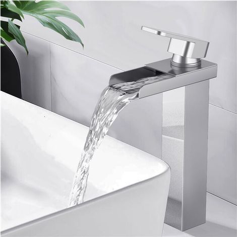 Robinet de salle de bain cascade à bec haut pour lavabos et éviers. Design moderne en argent et cuivre, avec flexible de 60 cm. (1/5)