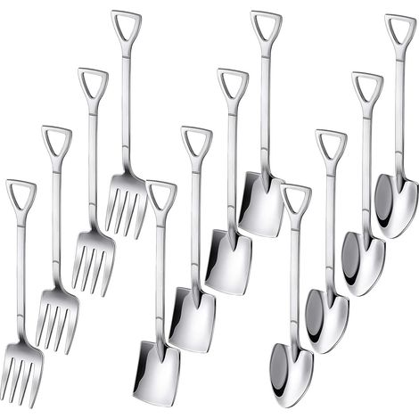 12 Pièces Mini Cuillères en Acier Inoxydable, créative Cuillères à en Forme de Pelle petites Cuillères à Café pastèque bêche Cuillère à dessert fourchettes à glacé Sucre Épices (Argent) (1/5)