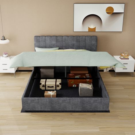 Lit tapissé moderne minimaliste avec tête de lit rembourrée confortable, 160x200 cm, gris, meuble de chambre polyvalent, sommier coffre haut avec matelas inclus. (1/5)