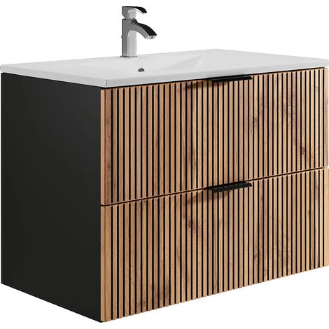 Mobile per bagno sospeso con lavabo da incasso 80 cm Naturale chiaro e Nero - MADELA (1/5)