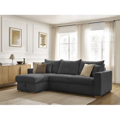 BOBOCHIC - Canapé d'angle réversible convertible ouverture express AUGUSTIN tissu texturé Réversible 160x200 Noir (1/5)