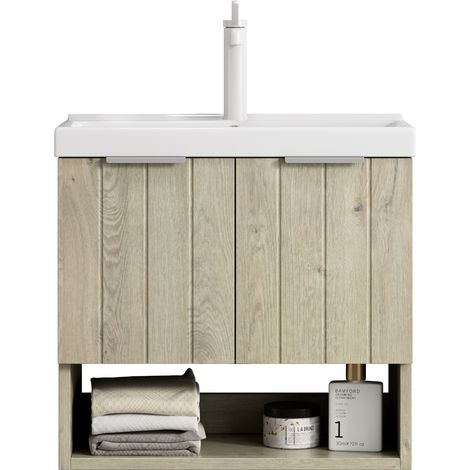 Meuble vasque salle de bain mural 55 cm avec lavabo céramique blanc, double porte, étagère ouverte et finitions bois clair, pour petits espaces CHICFURN (1/5)