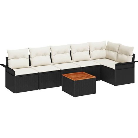 Garden Sofa Set with Storage 7 pcs Black and Cream Poly Rattan vidaXL
