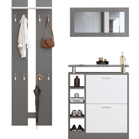 CAIziEnsemble de meuble d’entrée mural 80 x 25 x 96.5 cm, avec miroir, 2 panneaux muraux, une étagère murale et un meuble à chaussures, caisson gris anthracite mat, meubles de couloir, vestiaire de co