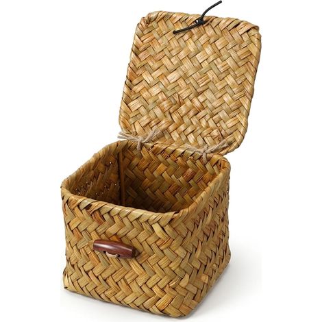 Aufbewahrungskorb aus Seegras – 1 Stück – Handgeflochten – Knopfverschluss – Küche/Bad – Orange, 10 x 10 x 8 cm (1/5)