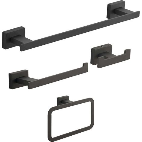 GEDY 44991400002 Set 4 Piezas (Toallero 35 cm, Portarrollo, Percha, Argolla) Negro Mate - ref: 44991400002