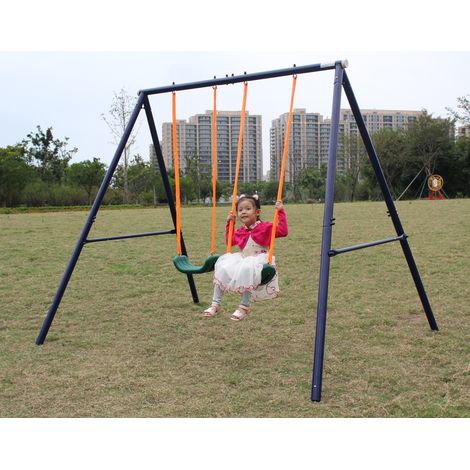 Columpio doble para niños (259.08x187.96x180.34 cm), estructura estable, asiento antideslizante, acero, azul y verde (1/5)