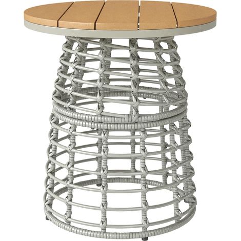 Table basse de jardin table d'appoint extérieur ronde en résine aspect rotin acier et plateau composite Ø45 x 50 cm gris