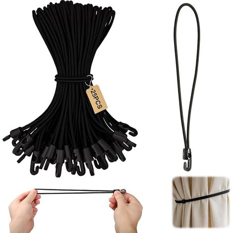 Elastic Bungee Cord with Hooks 25 cm Elastic Sandow Short Rubber Tensioner Tarpaulin for Tent Sail Shade Camping Garden Banner Pavilion and DIY Black (1/5)