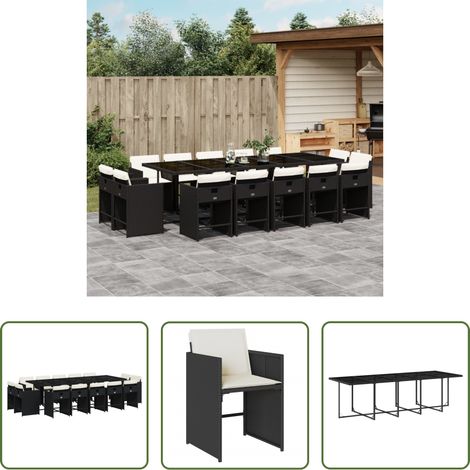 Chaises de jardin - Ensemble à manger de jardin 15 pcs coussins noir résine tressée (1/5)