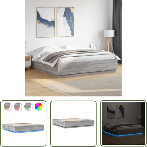 The Living Store Bettgestell mit LED Grau Sonoma 200x200 cm Holzwerkstoff - Holzbettfassad - Bettrahmen - Doppelbett - LED Beleuchtung - Modernes Bett (1/5)
