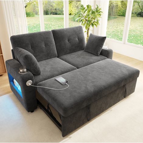 Sofá cama de 2 plazas gris en chenilla con LED, puertos USB/Type-C y portavasos (1/5)