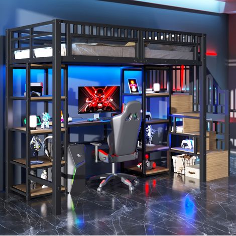 Lit mezzanine métal noir 90x200 cm avec bureau, rangements, LED et ports USB (1/5)