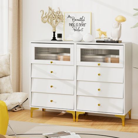 Commode 3 Tiroirs Armoire de Rangement Moderne avec Porte en Verre Strié Basculante et Tiroirs Coulissants Pieds Métalliques Dorés Blanc (1/3)