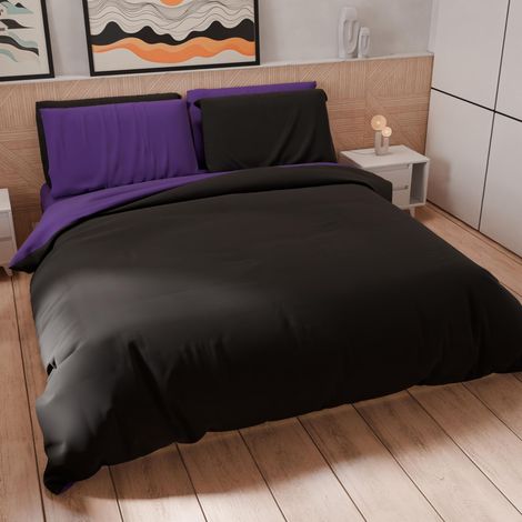 Set Housse de Couette 250x200 cm 2 Taies d'oreiller 50x80 cm Incluses, Parure de Lit Microfibre 2 Personnes Douce Noir Violet (1/5)