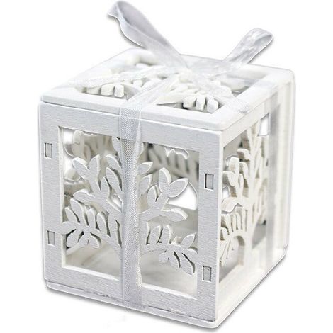 TrAdE Shop Traesio - Set Bomboniera Per Matrimonio Cubo In Legno Albero Della Vita Stilizzato Bianco -