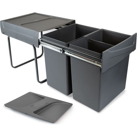 Emuca Recycle Recyclingbehälter mit geruchsdichtem Deckel für Küche, 2 x 20 L, Bodenbefestigung und Handauszug, Kunststoff, Anthrazitgrau (1/5)