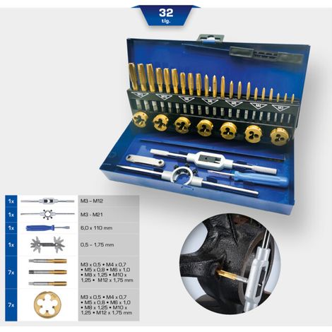 BRILLIANT TOOLS TiN Jeu d'outils de coupe de filetages 32 pcs. - BT101950 (1/5)