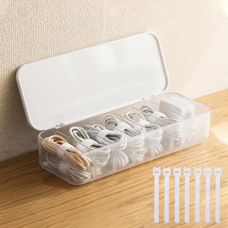 Scatola per la gestione dei cavi con 7 fascette, organizer per cavi da scrivania, coperchio, cavo di alimentazione, accessorio per ufficio e casa, cancelleria, colore bianco (1/5)