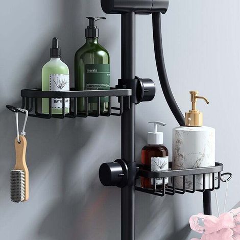 Shower shelf and storage – 2-piece set of stainless steel shower shelves, no drilling required, telescopic stainless steel bathroom shelf, shower shelf holder, soap dish, shower rod, black (1/4)