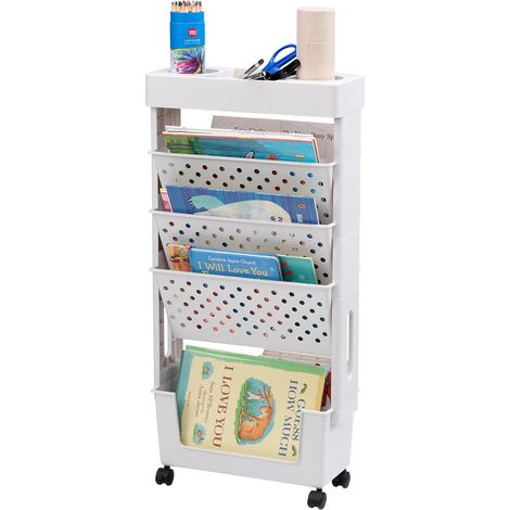 Petite Bibliothèque roulettes Mobile Livre Chariot de Rangement 5 Niveaux Étagère à Livres Chariot Roulant pour Salon Chambre à Coucher Bureau, Blanc (1/5)