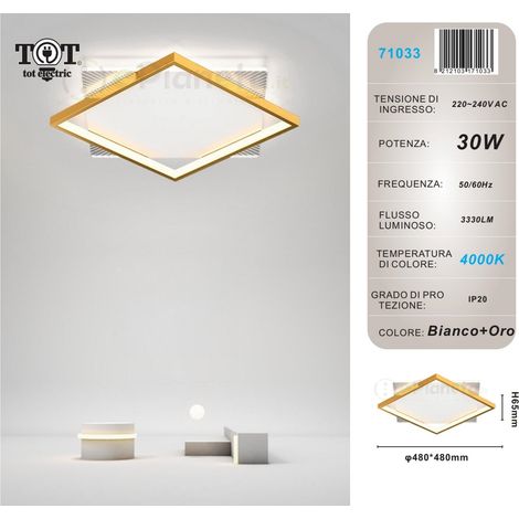 Plafoniera led 30w quadrata oro design moderno lampadario da soffitto luce bianco naturale  Naturale
