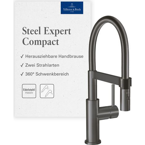 Villeroy & Boch Steel Expert Compact Küchenarmatur, Hochdruck, Wasserhahn Küche mit Umschaltfunktion und schwenkbarem Auslauf, Spültischarmatur wassersparend, Auslauf Höhe 143mm, Anthracite (1/5)