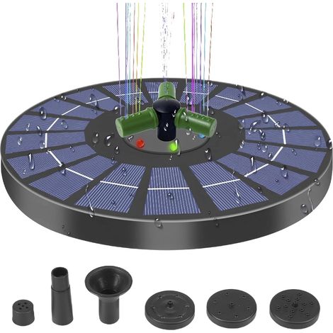 Fontaine solaire, fontaine solaire 6W, fontaine solaire pour bain d'oiseaux avec 7 buses, lumières LED colorées, pompe de fontaine solaire (1/5)
