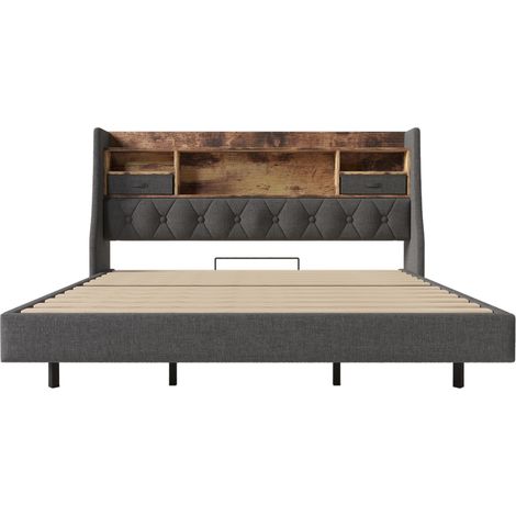 Cama doble 180x200 cm de lino gris con LED, almacenaje en cabecero y puertos USB Type-C (1/5)