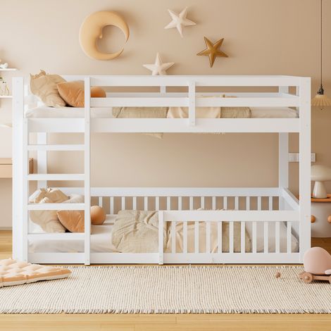 Lit superposé 160x200 cm avec garde-corps, blanc, 2 couchages, structure en bois massif, pour chambre d'enfant et adolescent, sécurité renforcée (1/5)