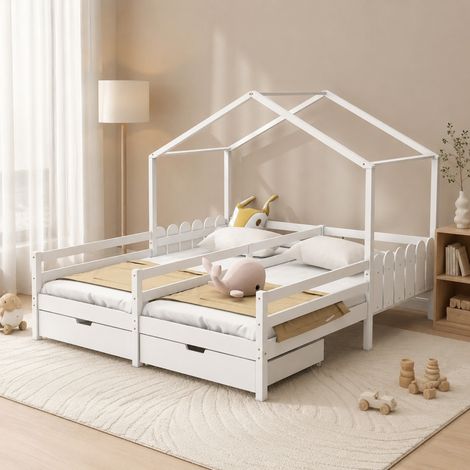 Letto a casetta per bambini 90x200 in legno bianco con cassetti, senza materasso- FLORAGRACE (1/5)