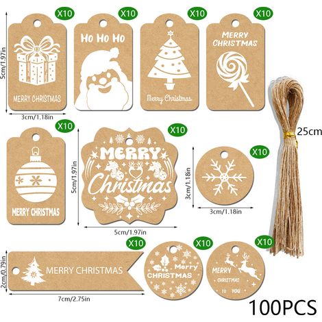 Étiquettes cadeaux Noël kraft 48 pièces + ficelle chanvre nature - Motifs sapin, Père Noël, flocon (1/2)