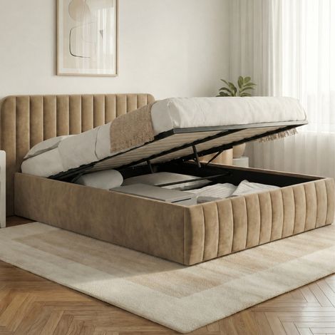 Cama de matrimonio ALBA con cabecero y somier de terciopelo topo de 140 x 190 cm