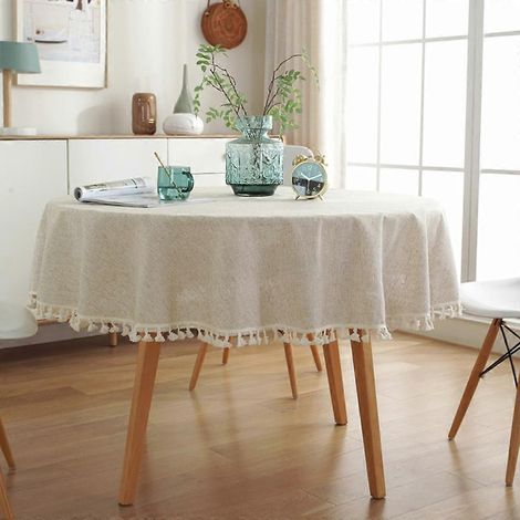 Nappe ronde en lin lavable, infroissable et anti-poussière, avec pompons, idéale pour la cuisine, la salle à manger, la table à manger, la table basse ou la table de jardin. (1/5)