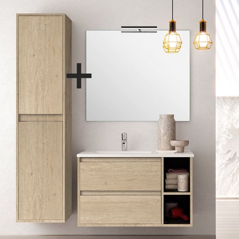 Ensemble meuble de salle de bain 80cm vasque déportée + colonne de rangement - cambrian (chêne clair) - OLYMPE (1/5)