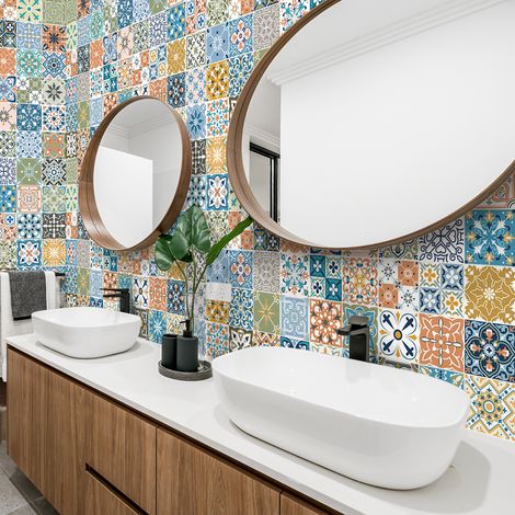 Sticker Mural Carrelage adhésif Cuisine Salle de Bain - 60 STICKERS CARREAUX DE CIMENT AVERA - 60stickers20x20cm (1/5)