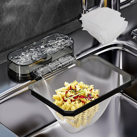 Passoire d'évier pliable à ventouse noire avec 200 sacs en maille, récupérateur d'aliments antirouille à fixation sur bord pour une organisation optimale de l'évier