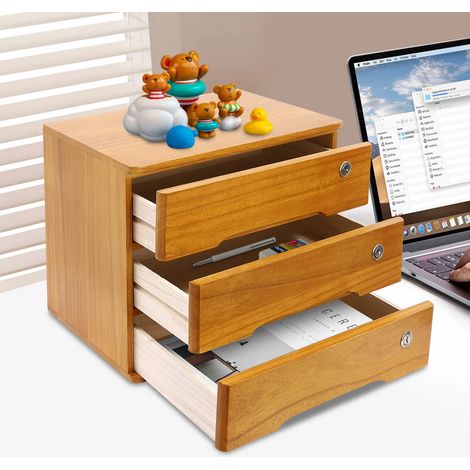 Organisateur de Bureau en Bois Vintage à 3 Tiroirs, Tiroirs de Rangement d'artisanat Empilables avec Serrure, Boîte de Rangement de Bureau avec Tiroirs, Armoire Organisateurs et Accessoires de Bureau 
