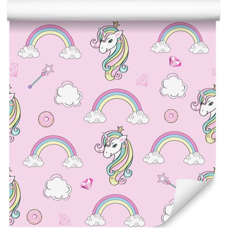 Carta da parati con unicorni colorati tra nuvole e arcobaleni per soggiorno e camera da letto 50x1000 (1/5)