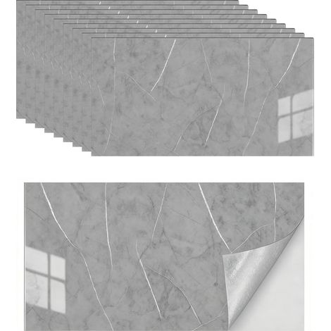 Lot de 10 autocollants pour carrelage de cuisine en marbre - 60 x 30 cm - Imperméables - Pour crédence de cuisine, salle de bain, salon (marbre gris) (1/5)