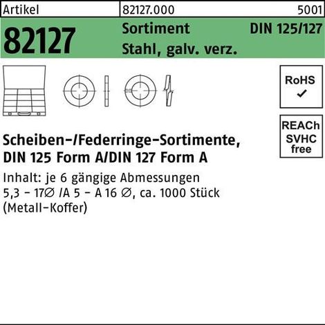 Surtido de arandelas DIN 125/127 1000 pzs. acero galv. cincado. 1 unidad. (1/2)