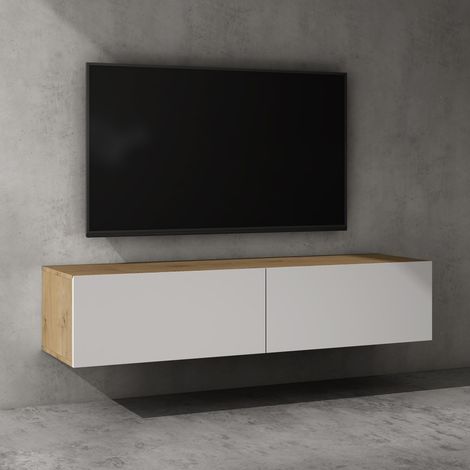 doporro Mobile Porta TV Sospeso 140 cm con 2 Ante Marrone Chiaro e Bianco Opaco, Credenza Bassa da Soggiorno Salotto, Madia Consolle Bicolore per TV Fernsehschrank02