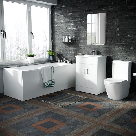 Basin Vanity Unit & Close Coupled WC Toilet with Straight Edge Bath Bathroom Suite (1/5)