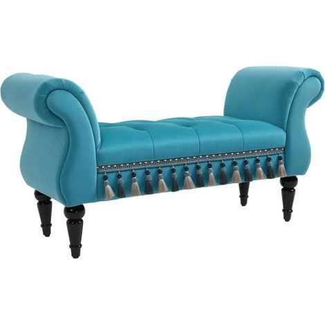 Banc en velours bleu avec accoudoirs et cadre en bois pour chaussures, idéal chambre, salon, couloir 117x40x58 cm (1/5)