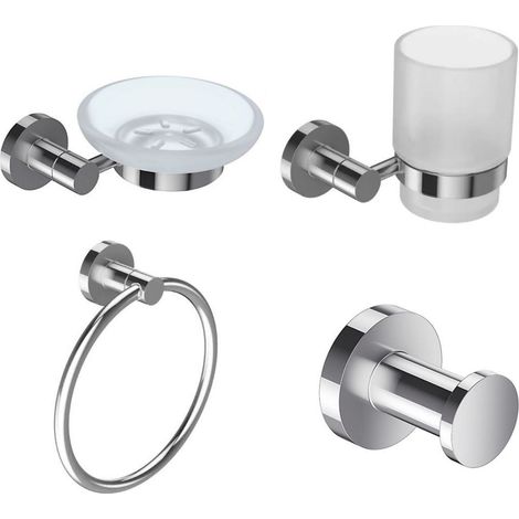 JACOB DELAFON Lot Porte savon Classique, Porte-gobelet Classique avec verre, Anneau porte-serviettes Classique et Patère Classique en métal