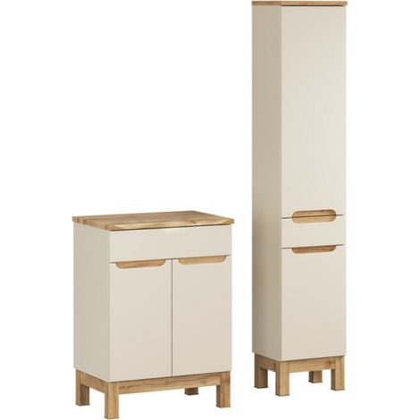 Set da bagno ERMANO cachemire e finitura quercia 95cm: mobile sottolavabo + top per lavabo smussato + colonna